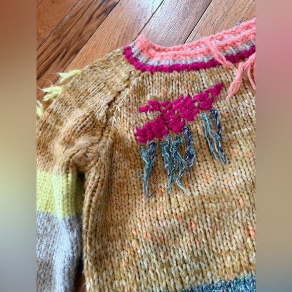 Anthropologie Fringed Colorblock Sweater Women’s Size Small Crew Neck Pullover - Picture 4 of 13